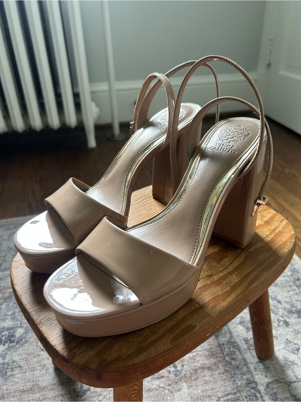 Vince Camuto Nude Patent Platform Block Heel Sandals